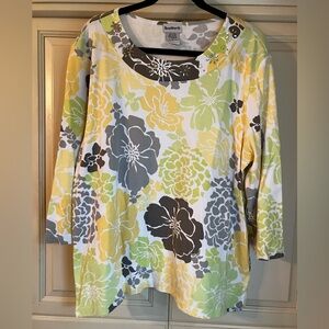 BonWorth Yellow and Green flowered Boxy 3/4 Sleeve Blouse